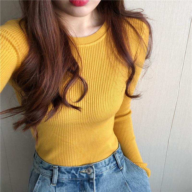 

Осенний однотонный облегающий вязаный женский свитер с круглым вырезом, повседневный элегантный свитер с длинным рукавом, трикотажные изделия, топы, зимние элегантные базовые свитера-джемперы 31071 One Size жёлтый