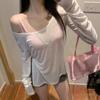 Spice Girl White Big Neckline Long Sleeve Blouse T-Shirt Women's Summer New Thin Loose Split Sunscreen Top