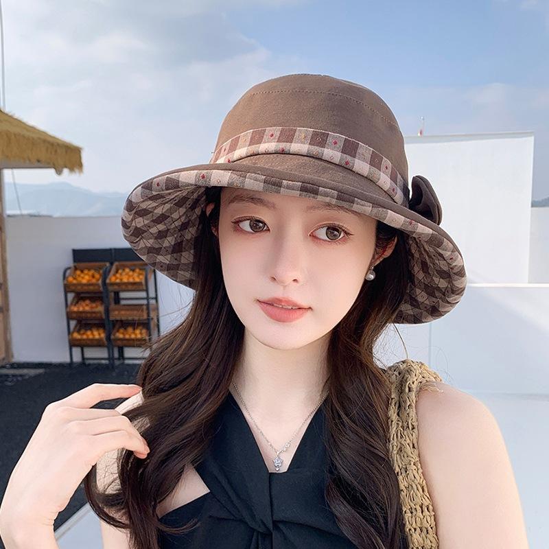 Spring/Summer - Protective Hat for Women, Korean-Style Fashionable Color-Block Plaid Bucket Hat, Outdoor Travel Wide-Brim