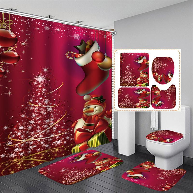 Santa Vánoční sada sprchových závěsů Vanová předložka Protiskluzový koberec Koupelnová přepážka Vodotěsná Domácí dekorace Cortinas Para Ba ñO