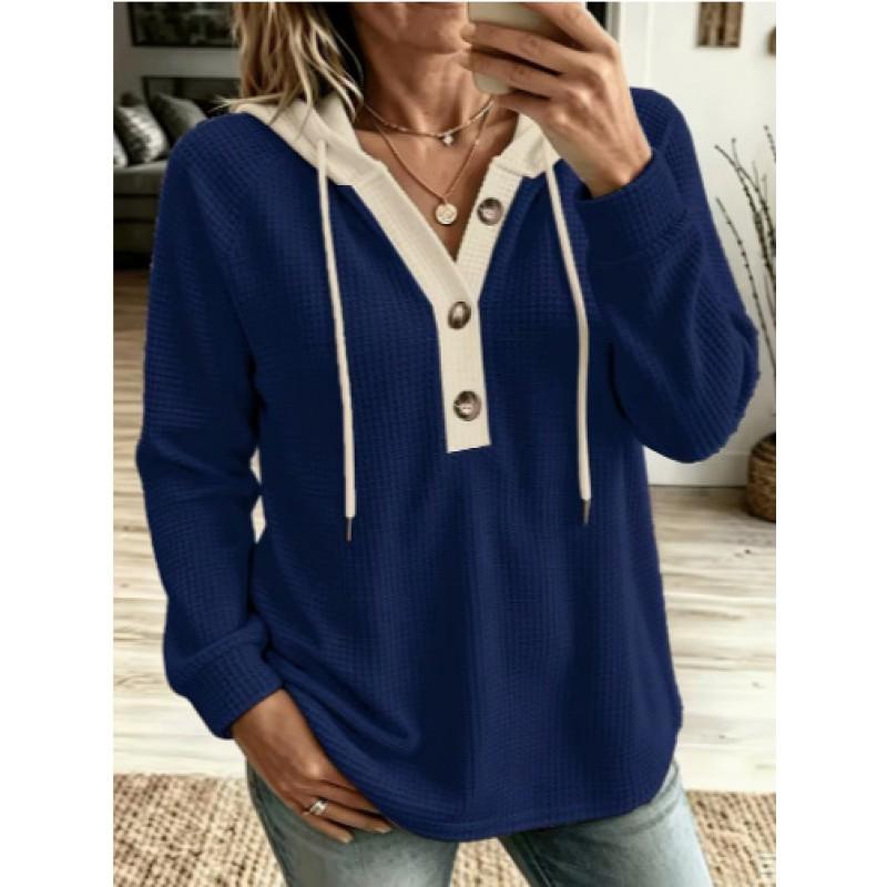 2026 Long Sleeve Hooded Sweatshirt Waffle Knit Button V-Neck Pullover Casual Wear