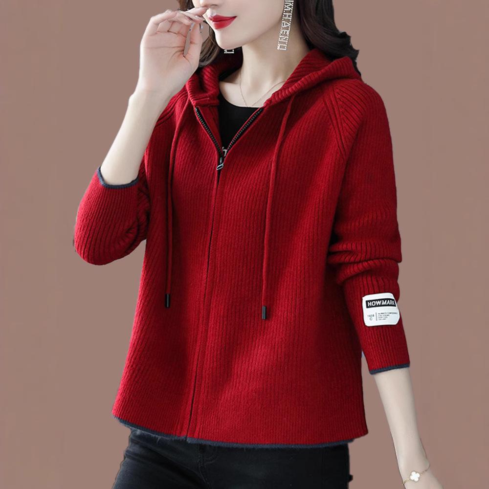 Knitted Hoodie Women's Spring and Autumn Solid-color Short Knitted Sweatshirt Hooded Zipper Sweater Cardigan Baseball Jacket