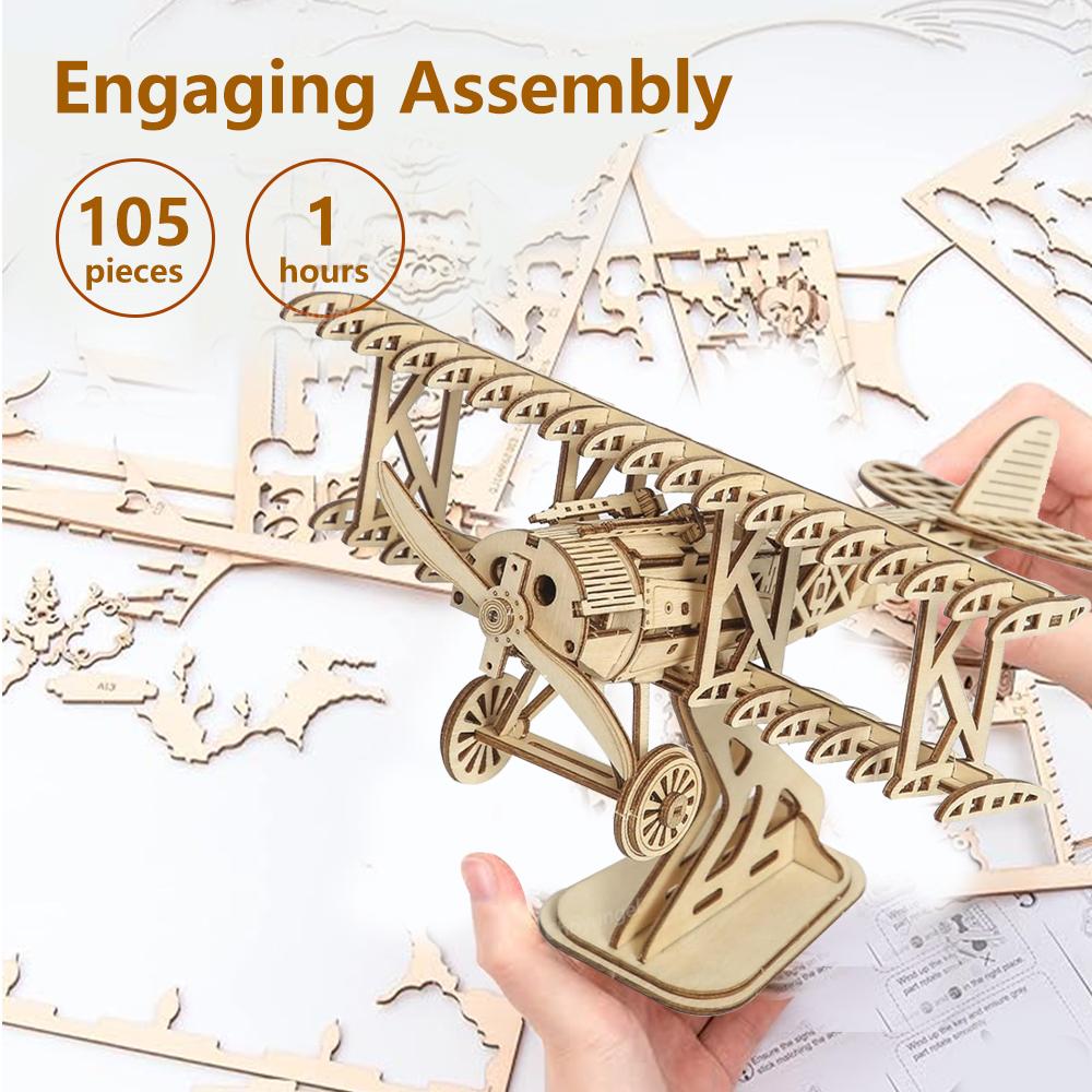 3D Wooden Puzzle Bi-Plane Aircraft Model Kits DIY Assembly 3D Puzzle for Adults Teens Brain Teaser Home Decor Crafts