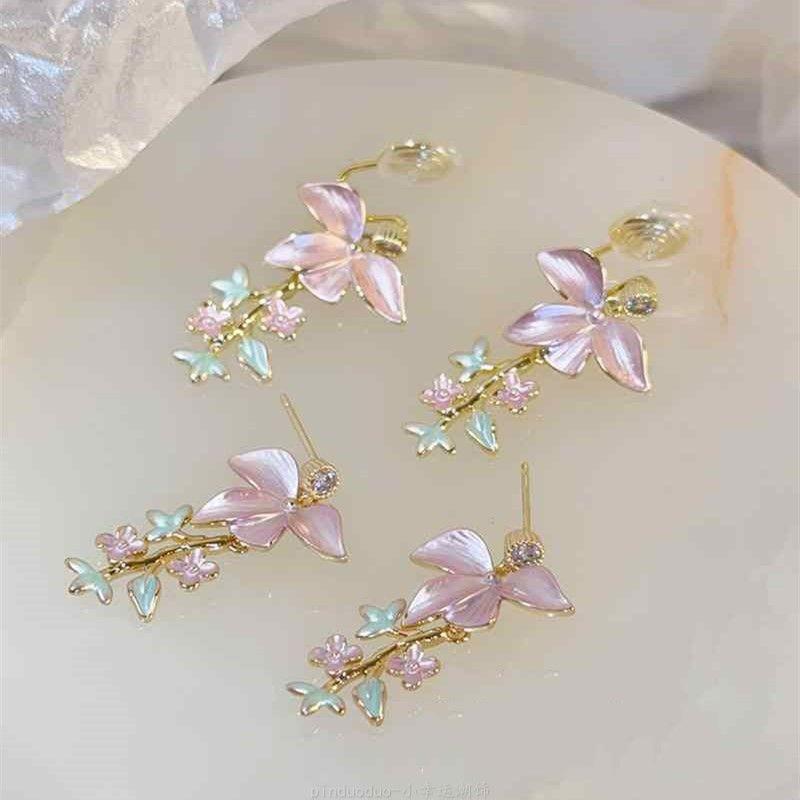 Spray paint flower leaf fringed earrings Mori fashion stud earrings high sense versatile personality earrings women