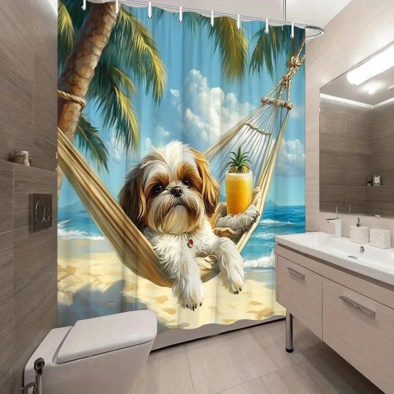 1Pc Shih Tzu Dog Shower Curtain - White & Brown, Hammock On Tropical Beach, Palm Trees & Ocean, 70.8X70.8", Polyester, Washable