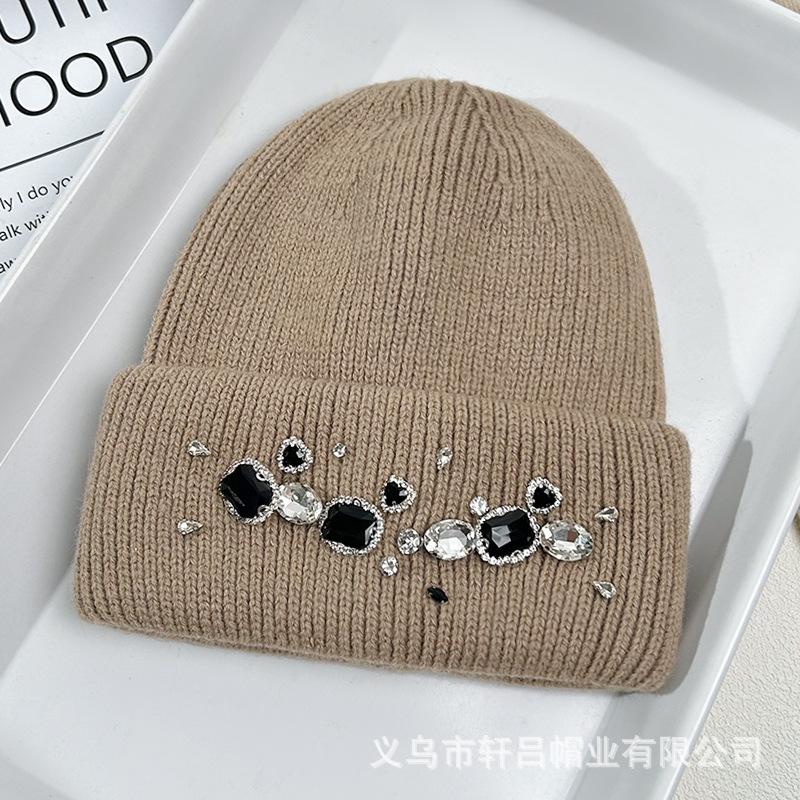 Hat Women's Autumn and Winter Rabbit Hair Warm Knitted Hat Women's Group Wind Fashion Rhinestone Wool Hat Versatile Crouch Cold Hat