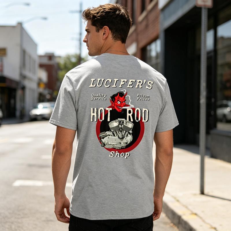 Lucifers Hot Rod Shop Graphic T Shirt Vintage Devil Car Print Unisex Soft Cotton Crew Neck Short Sleeve Trendy Casual