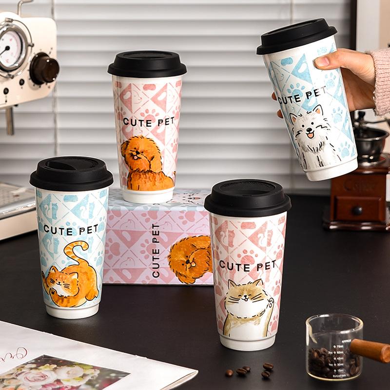 Kitten and Puppy Cup High Cup Milk Tea Cup with Lid Ceramic Souvenir Girl Couple Coffee Cup Student Water Cup