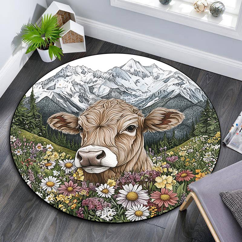

Cow in Flowers Round Area Rug,Carpet Rug for Living Room Bedroom Sofa Playroom Decor,Non-slip Floor Mat 80cmx80cm