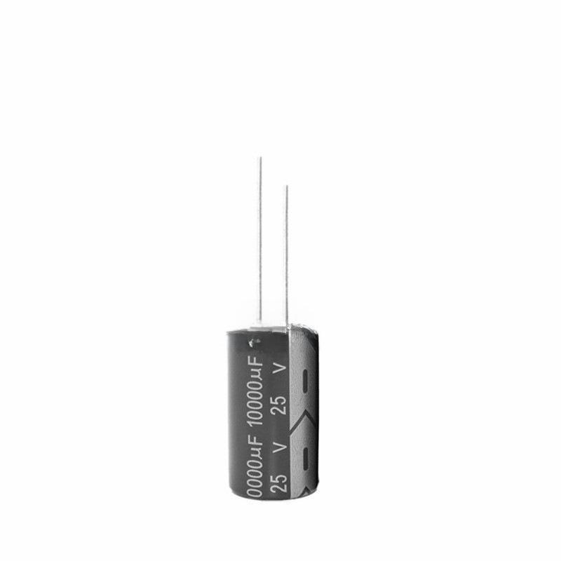 25V 10000µF Aluminum Electrolytic Capacitor, 18x35mm, High-Frequency, Low-Resistance, Green/Gold, Plug-In, Black, Bulk Quantity Availability.
