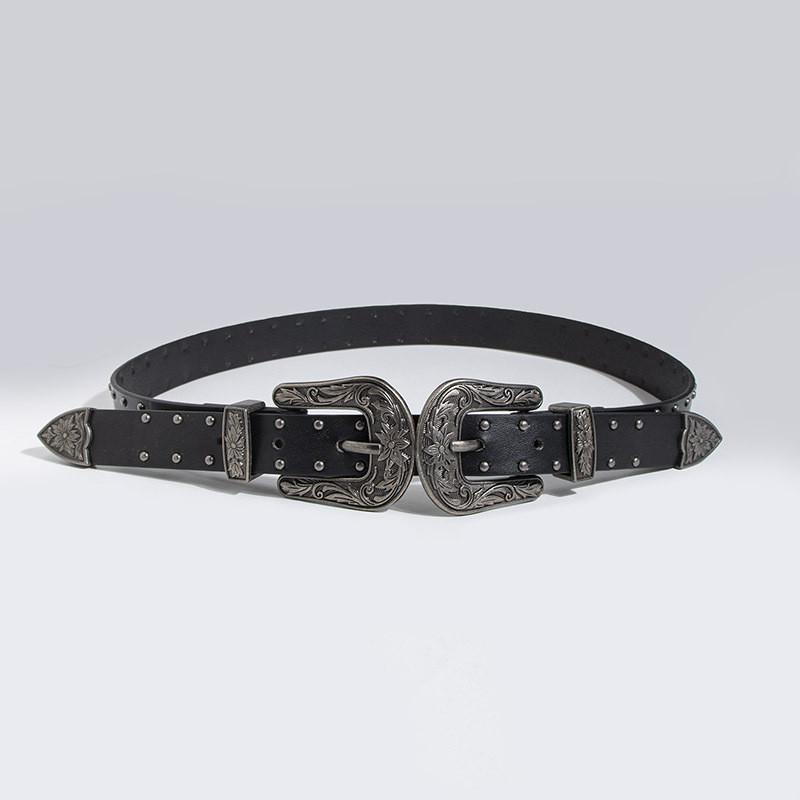 Bohemian Female Leather Belt With Retro Double Buckle And Alloy Clasp For Casual Wear