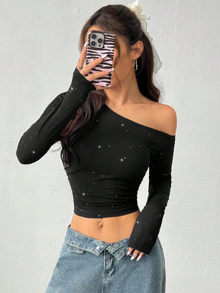 Rocker Studded Shoulder Strap Long Sleeve T-Shirt Women Spring Imported Ins Slim Knit Cami Top