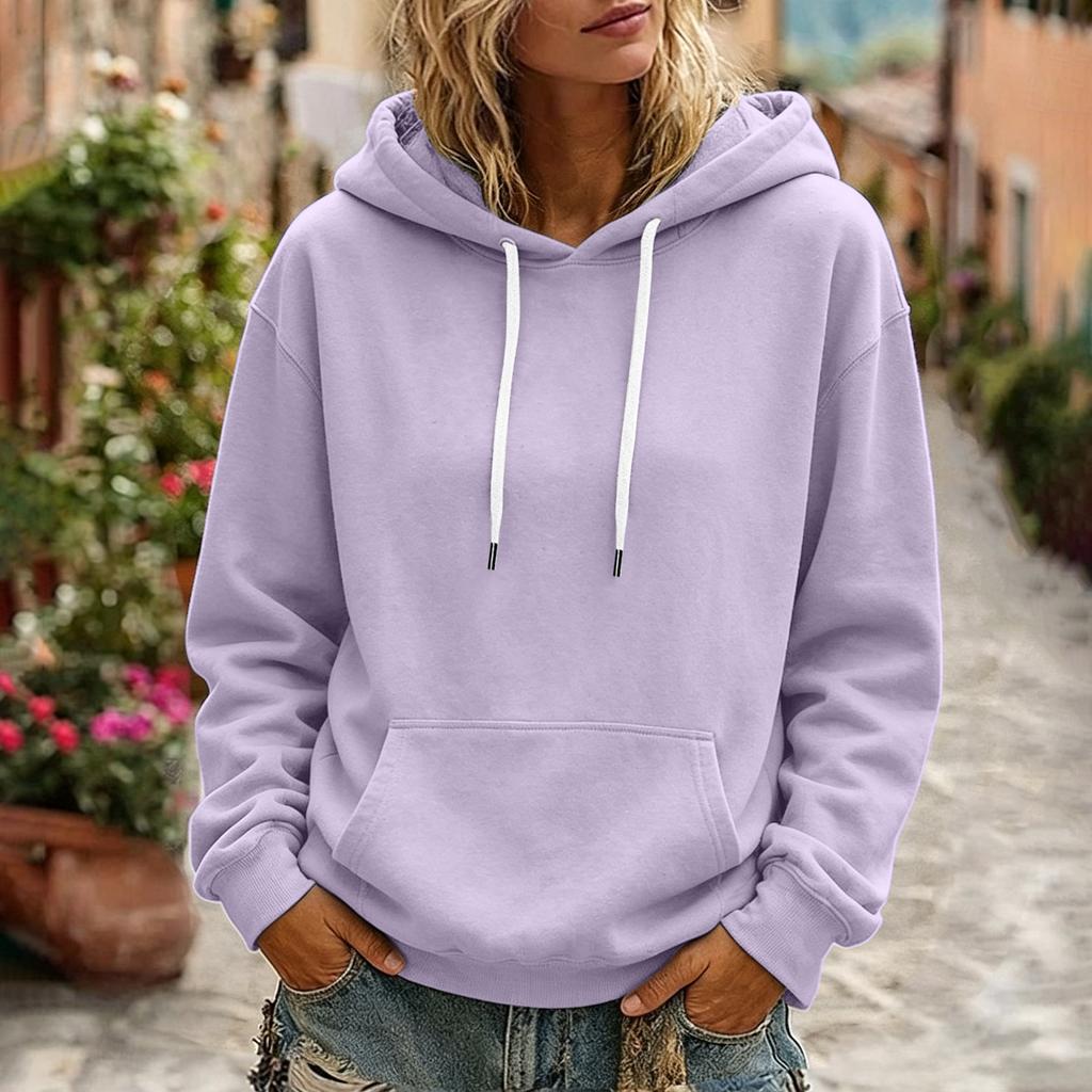 Women's Color Long Sleeve Hoodie with Drawstring Hood and Pocket Casual Pullover