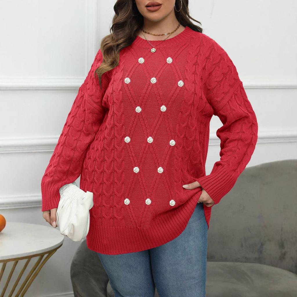 Women's Plus-Size Sweater Beaded Crew Neck Loose Oversized Sweater Knit Pullover Top Autumn/Winter
