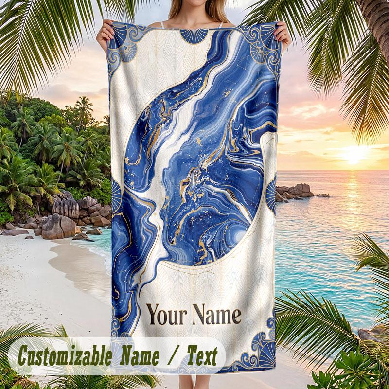 Blue Flowers Art Theme Quick Dry Beach Towel Custom Name Text Print Large Sand Resistant Towel Beach Vacation