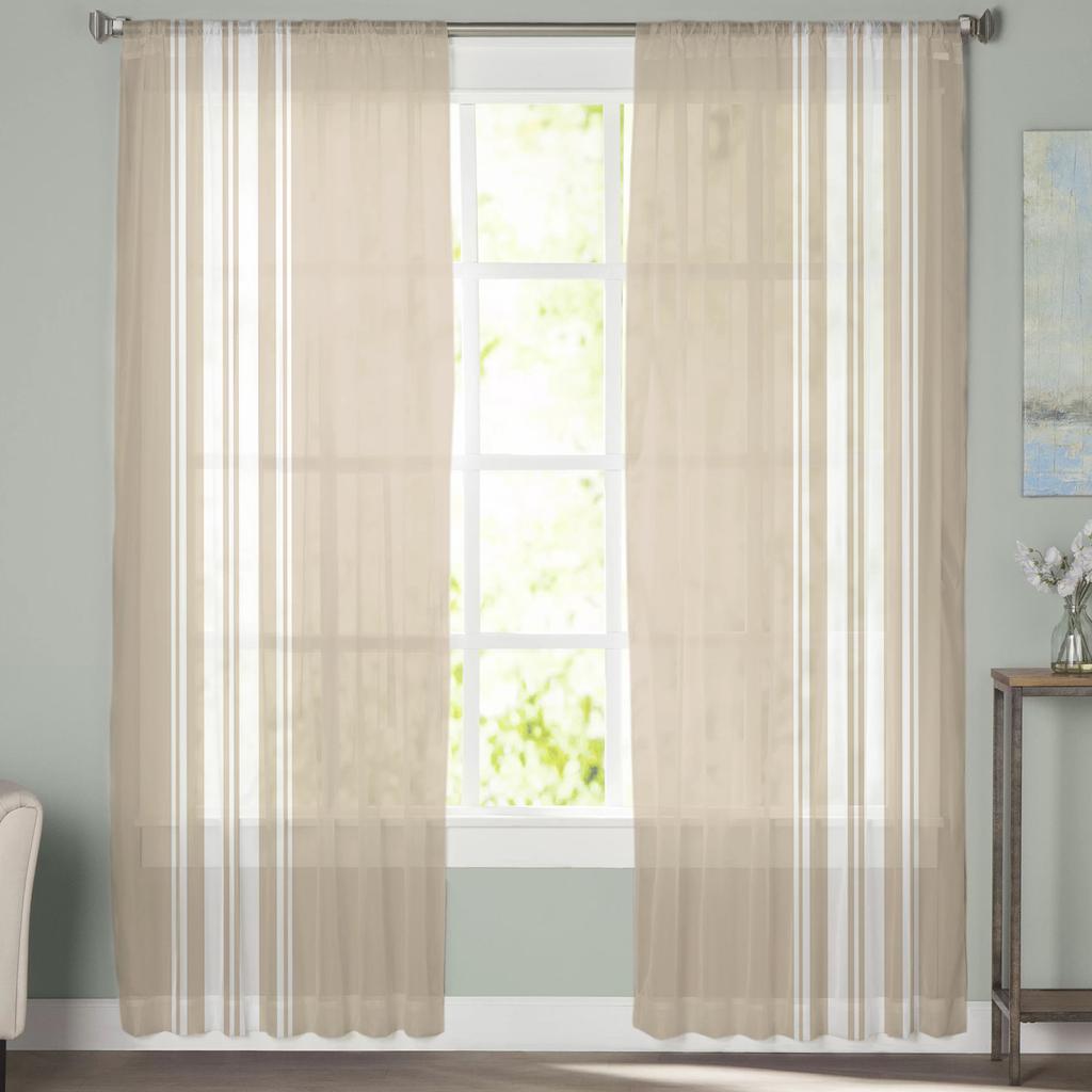 Khaki Striped Country Farmhouse Voile Sheer Curtains Living Room Window Chiffon Tulle Curtain Kitchen Bedroom Drapes Home Decor
