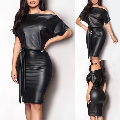 2024 Fashion Women Short Sleeve Solid Color Print Long  Dress Ladies Leather Dress