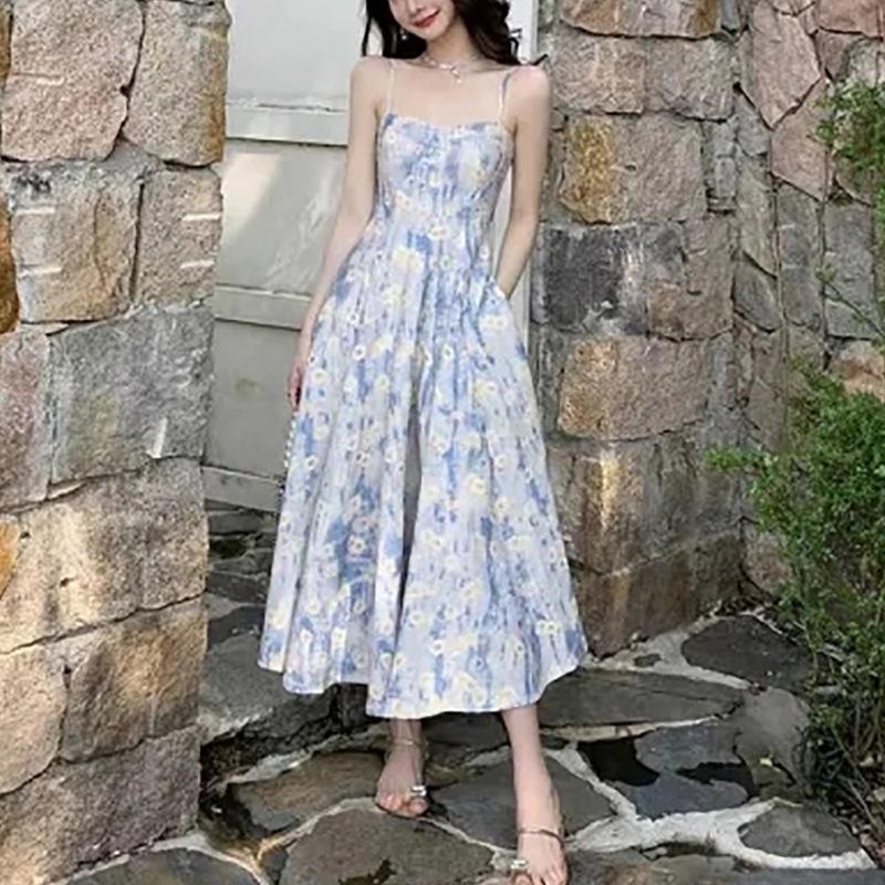 Dámské francouzské květinové modré letní šaty na špagetová ramínka: Elegantní styl Long Beach