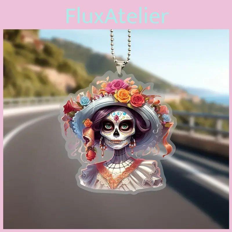 Car Decor Acrylic Halloween Skull Flower Hat Design Pendant For Interior Auto
