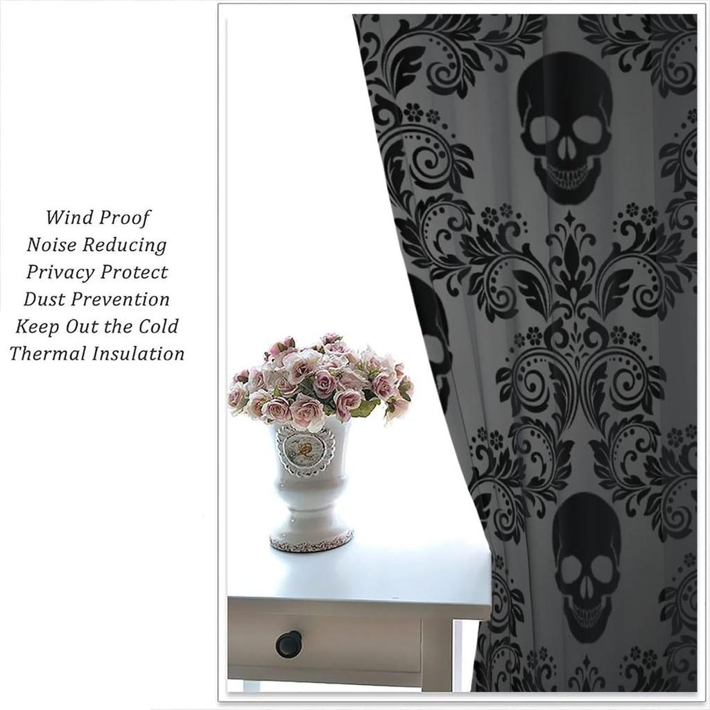 Gothic Black Damask Curtain Vintage Floral Exotic Suger Skull Window Treatments Bedroom Bone Skeleton Antique Bohemian Polyester Washable Ready