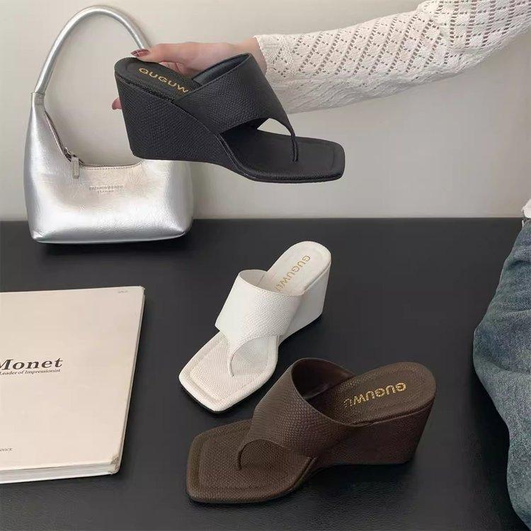 Street Style Square Clip Toe Wedges High Heels Women Slippers Fashion Elegant Banquet Slide Summer Shoes