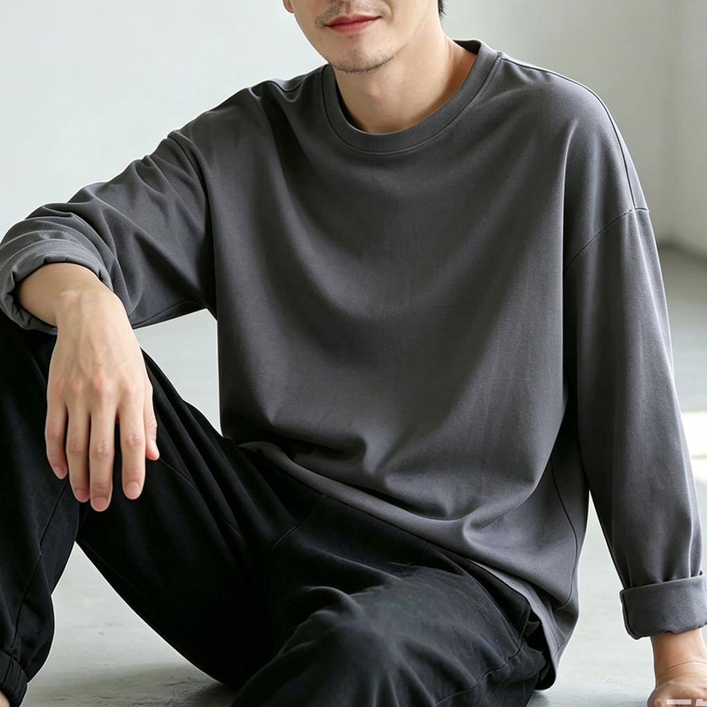 Classic Mens Big and Tall Shirts Cotton Long Sleeve Crewneck Casual Tops Plus Size Basic Tee Shirts Business Loose Men T-shirt
