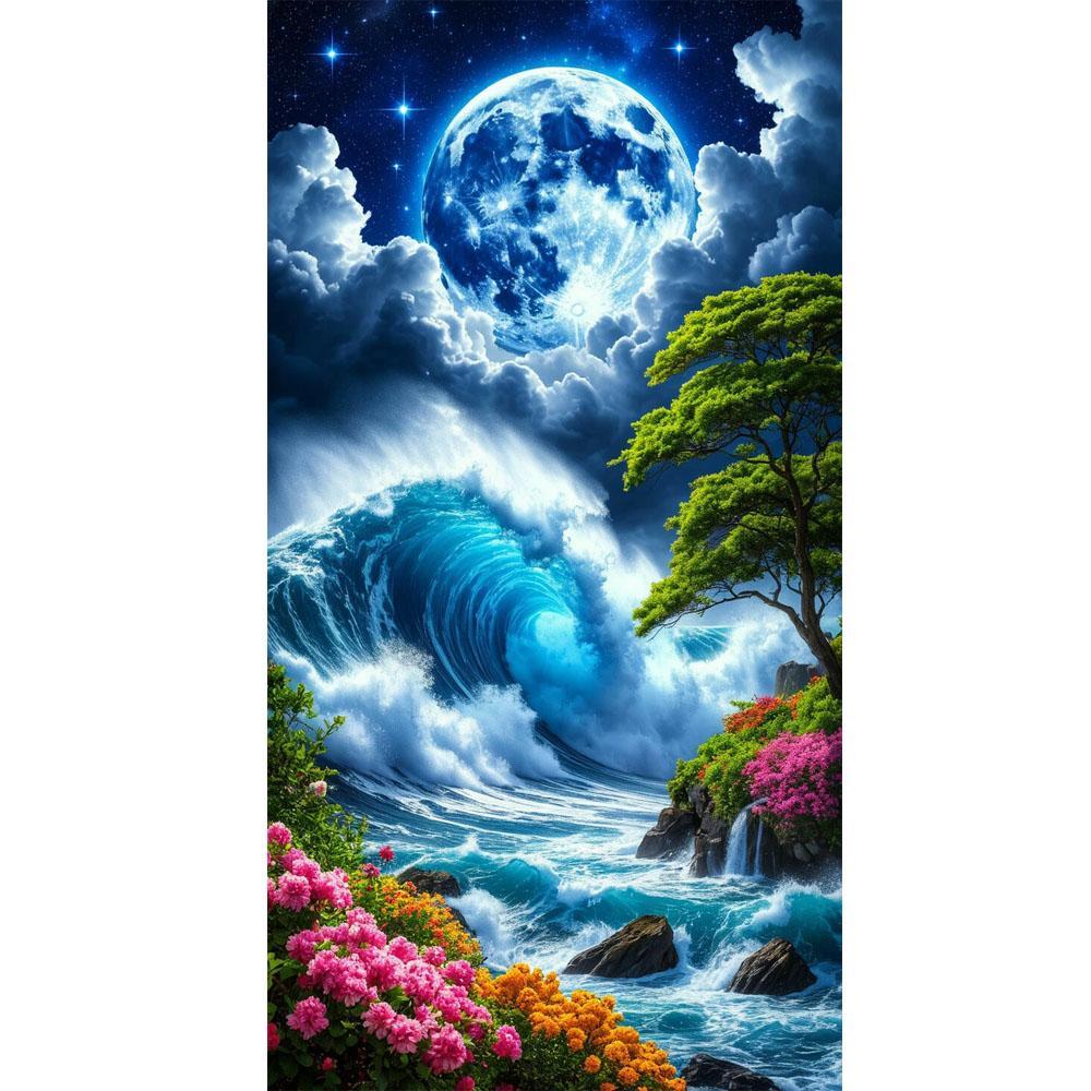 Large Size Mosaic DIY Full Diamond Painting Kits Art Beautiful Waves and Moon Embroidery Cross Stitch Rhinestones