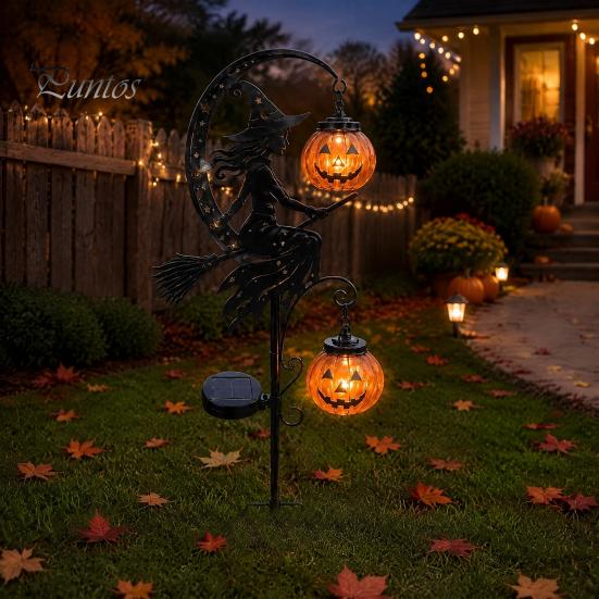 Unique Halloween Yard Lights Solar Powered Witch Pumpkin Ground Stake Light, Metal Broom Moon Party Lawn Decor Statue Outdoor Sculpture for