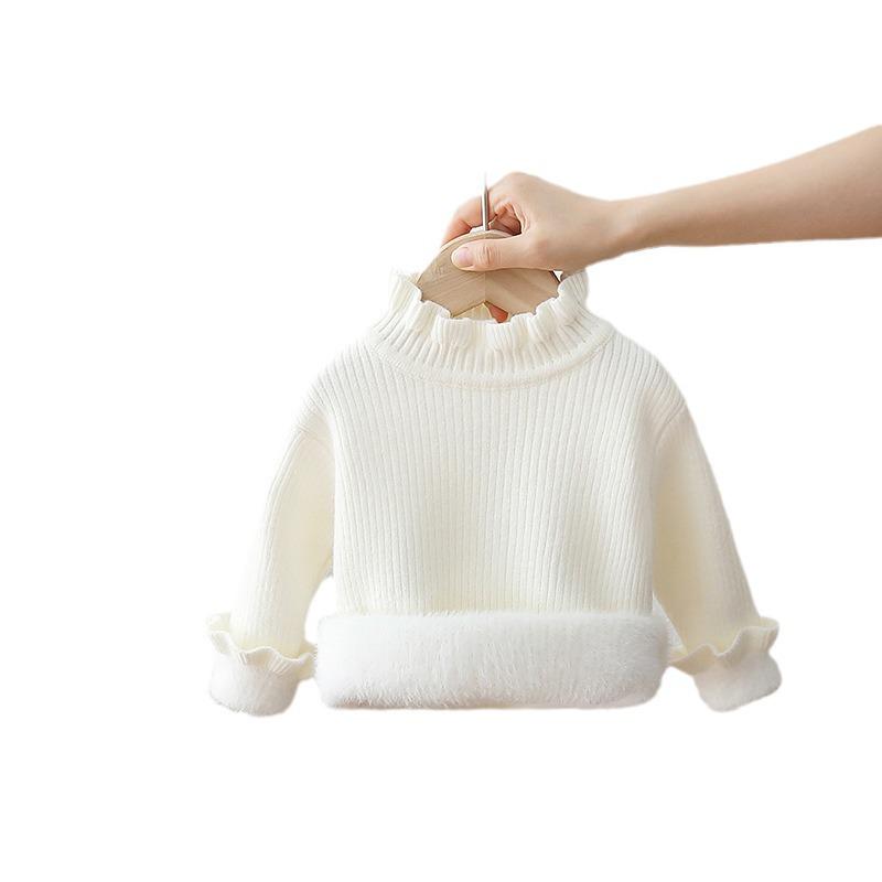 Girls' Velvet Ruffle Sweater: Half-High Collar, Knitted, Plus Velvet Layer, Warm for Autumn & Winter