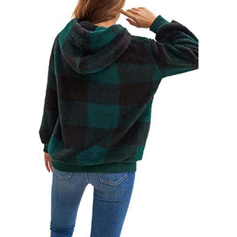 Damen S Langarm Kapuzen Plüsch Kariert Pullover Sweatshirt