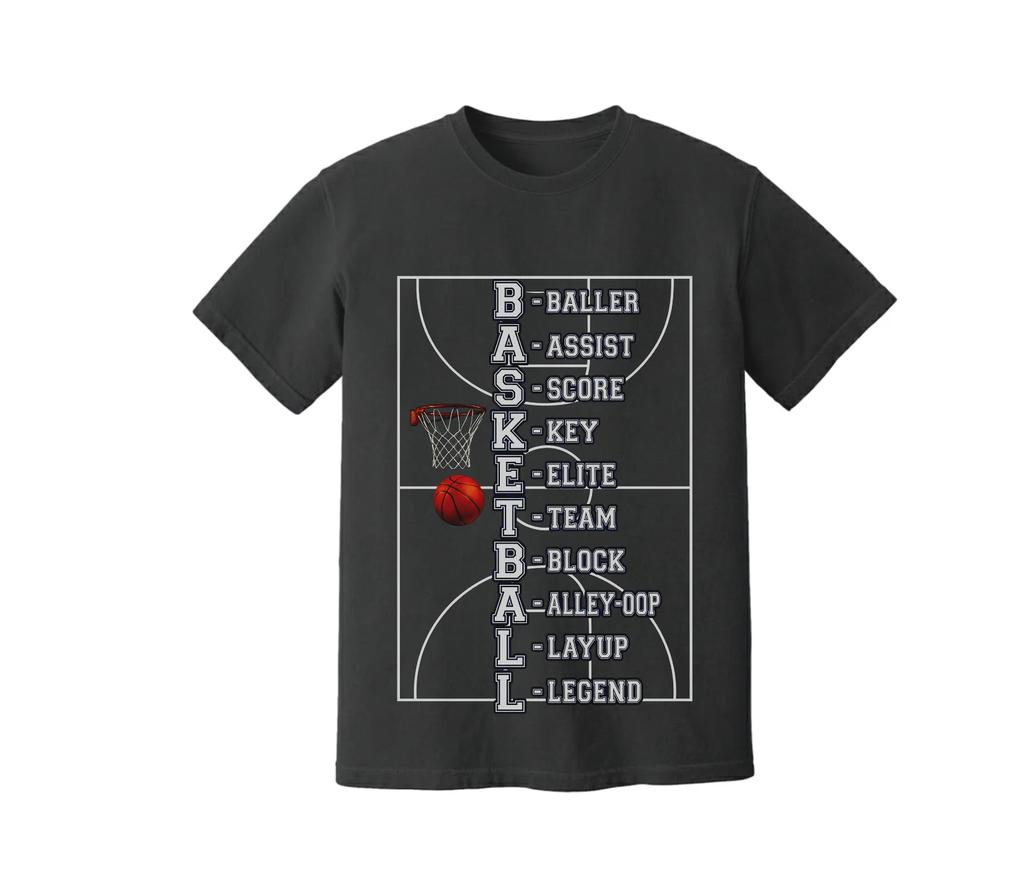 BASKETBALL Spelled Out for each Letter With Unisex and Adult Tee