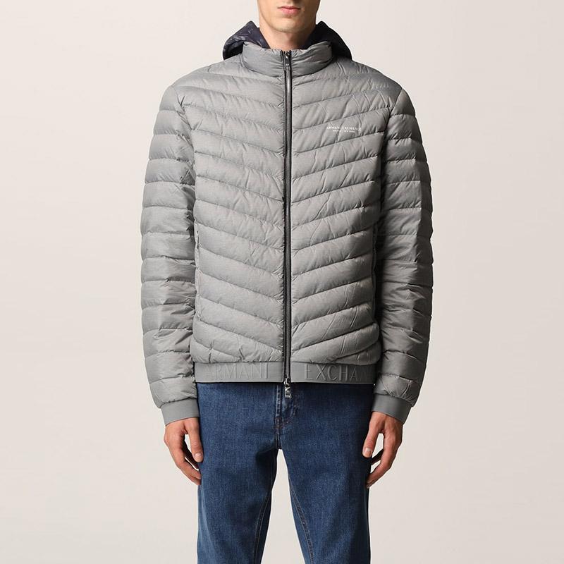 Armani Exchange Solid Color Zipper Stand Collar Long Sleeve Down Jacket Men Outerwear Gray 8NZB52-ZNW3Z-0902