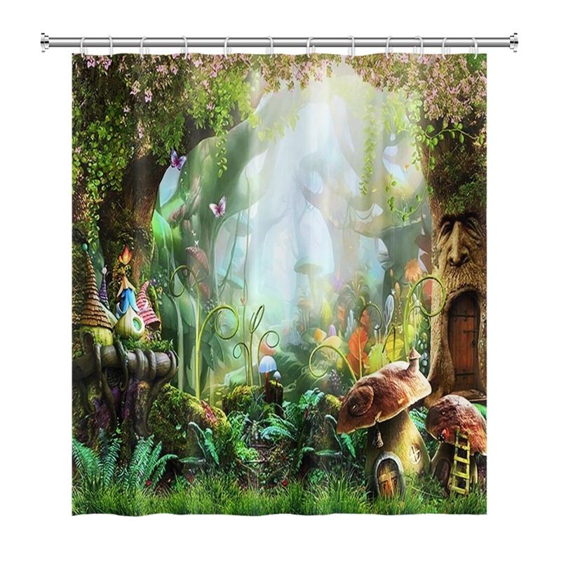 Enchanted Forest Shower Curtain Cartoon Magic Tale Mushroom Wonderland Gothic Shower Curtain Waterproof Bath Decor With Hooks