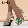 Fashion Liyke Sexy Green Snake Print Leather Ankle Strap Sandals Women Fashion Butterfly Designer High Heels Summer Party Dress Shoes