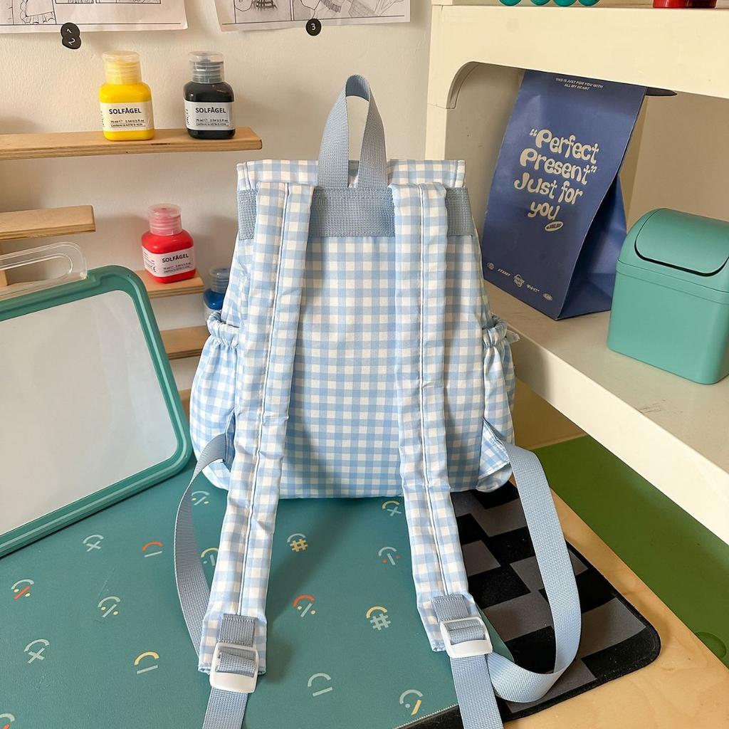 Schoolbag sea salt light blue plaid drawstring flip bag sweet milk huhu little fairy daily shopping photo backpack