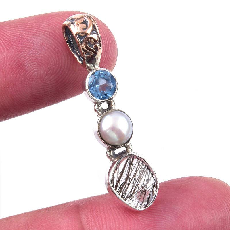 

Natural Black Rutile, Pearl 925 Solid Sterling Silver Jewelry Pendant 1.25 v1k10