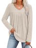 Women's V Neck Ribbed Knit Long Sleeve Tunic Top Pleated Front Curved Hem Casual Fall Blouse