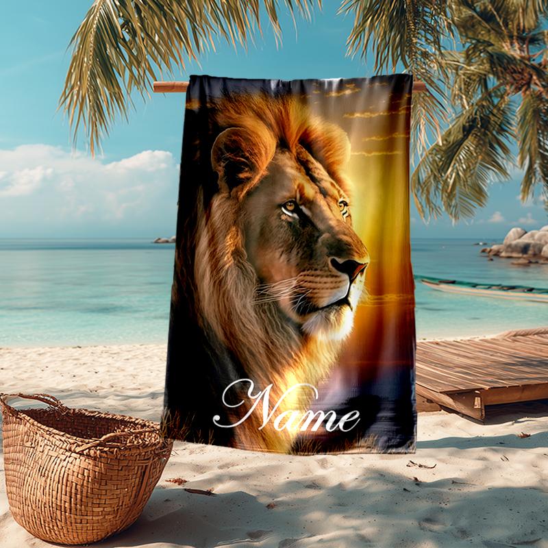 Custom Name Ultra-Soft Beach Towel with Lion Theme,Ideal for Pool - Camping, Diving - Perfect Travel Essential, Vibrant Beach Towel.