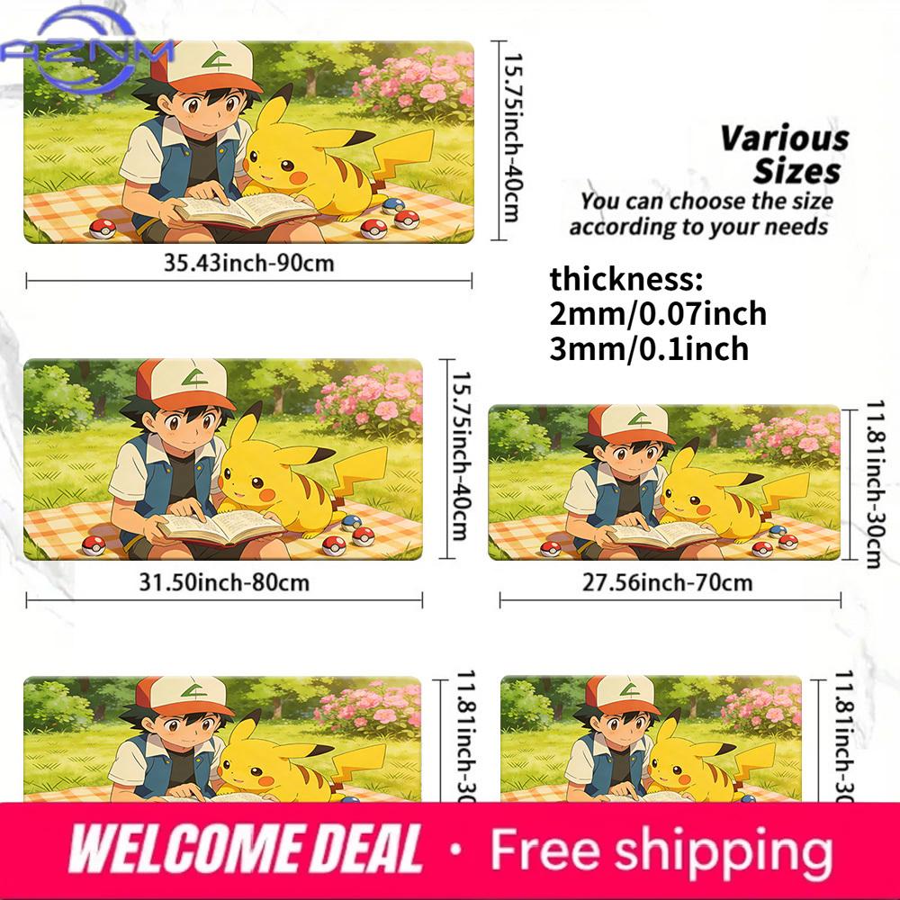 Anime Ash Pikachu Reading Together Gaming Mouse Pad with NonSlip Base 30x80x0.2cm