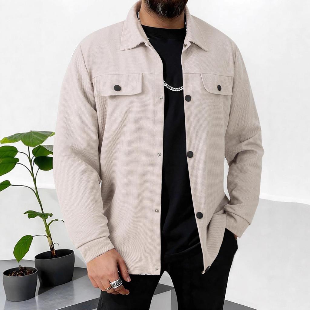 Men's Autumn Waffle Texture Solid Color Long Sleeve Jacket with Pocket