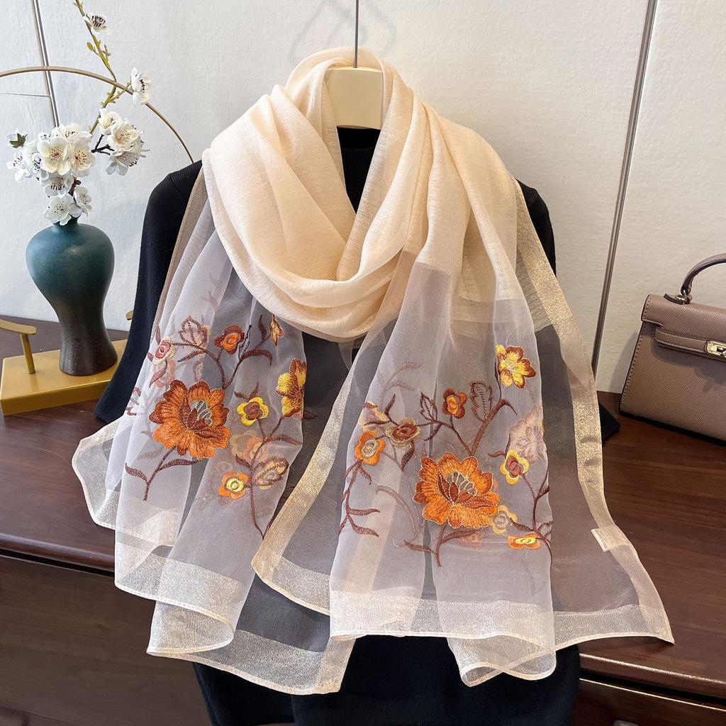 Imitation Silk Embroidered Long Silk Scarf for Women's Fashionable and Fashionable Mulberry Silk Sunscreen Scarf