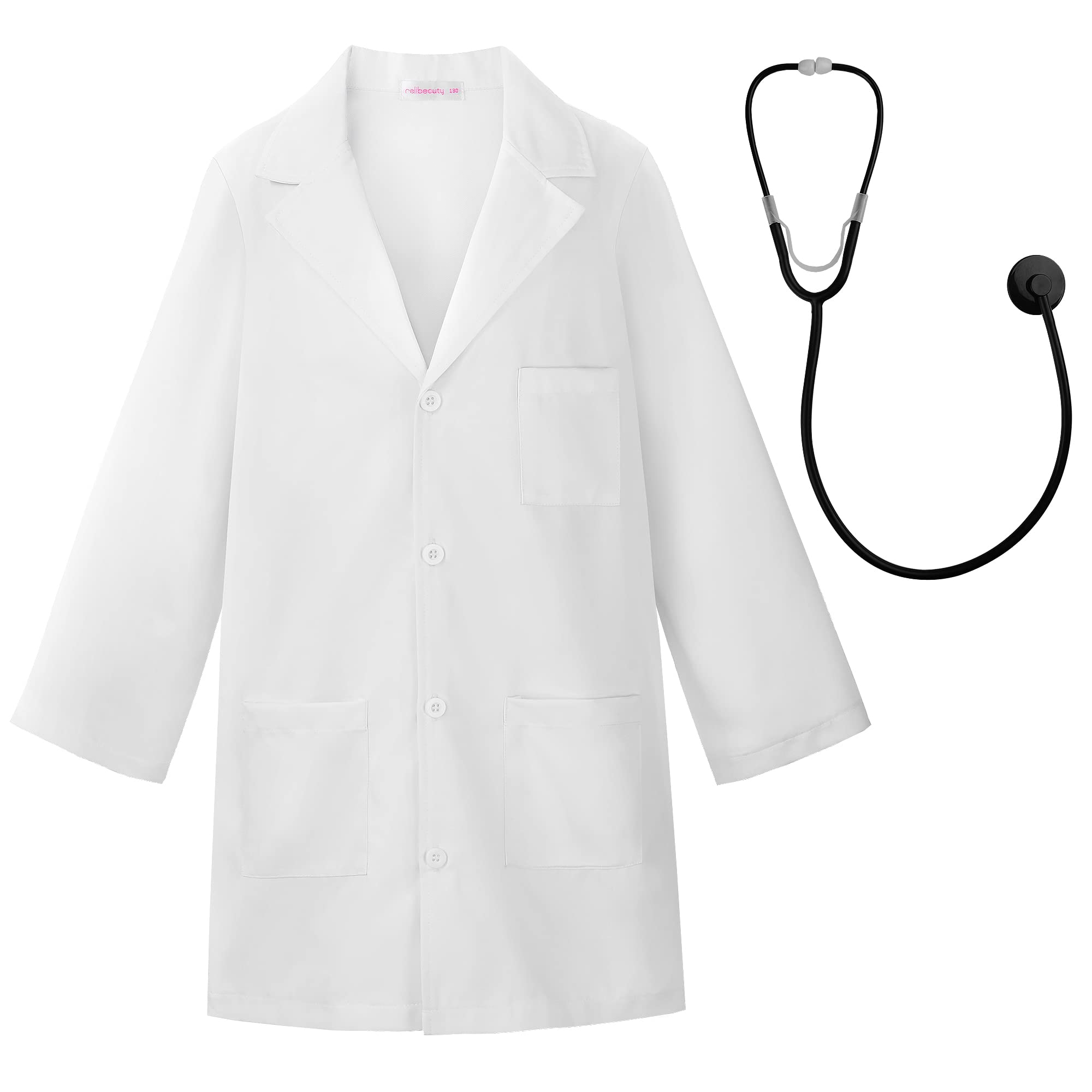 [ReliBeauty] Doctor s Play Kit for Kids - White Lab Coat, Costume for Halloween, Boys and Girls, Doctor Cosplay, Side Pockets, Stethoscope Included,
