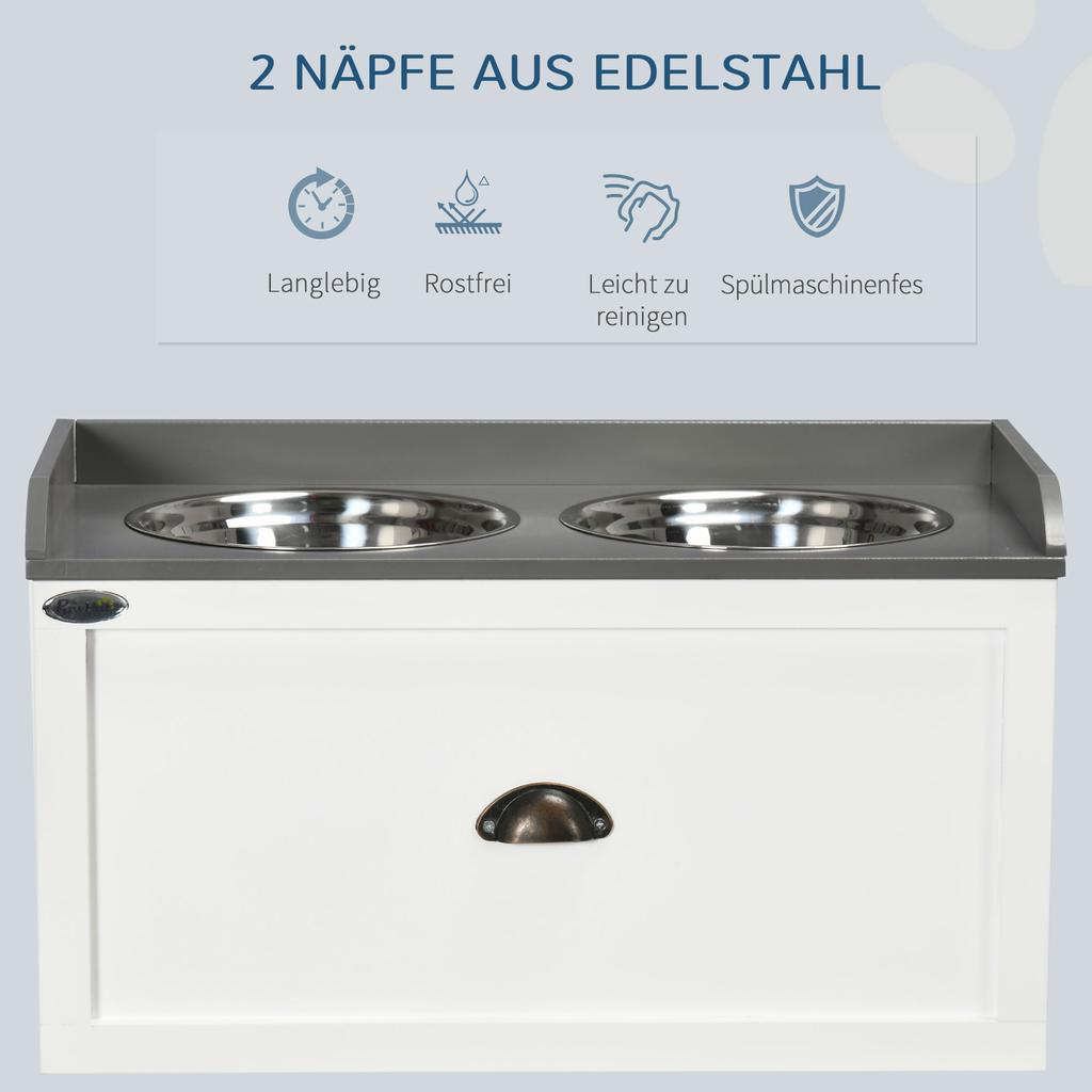 Erhöhte Hundennäpfe aus Edelstahl, mit 21L Aufbewahrungsschublade für große Hunde und Katzen - Weiß