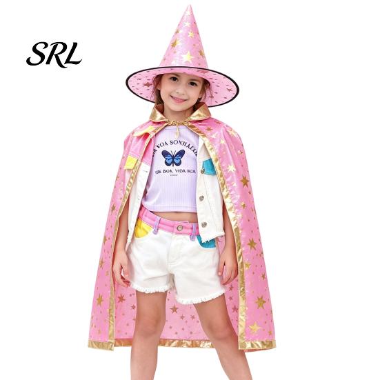 Breathable Holiday Performance Cape Kids Wizard Cloak with Hat for Boys Girls, Halloween Witch Star Pattern Costume Prop Party Cosplay Outfit,