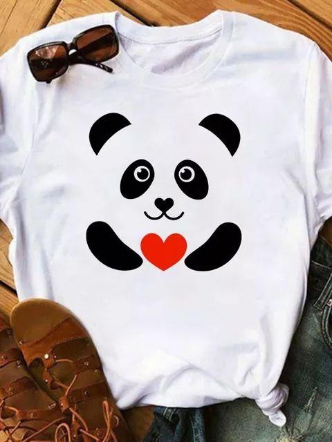 

Maycaur Летняя женская футболка Свободные топы Милая панда Сердце Принт Короткий рукав Женская свободная повседневная футболка Женская футболка S