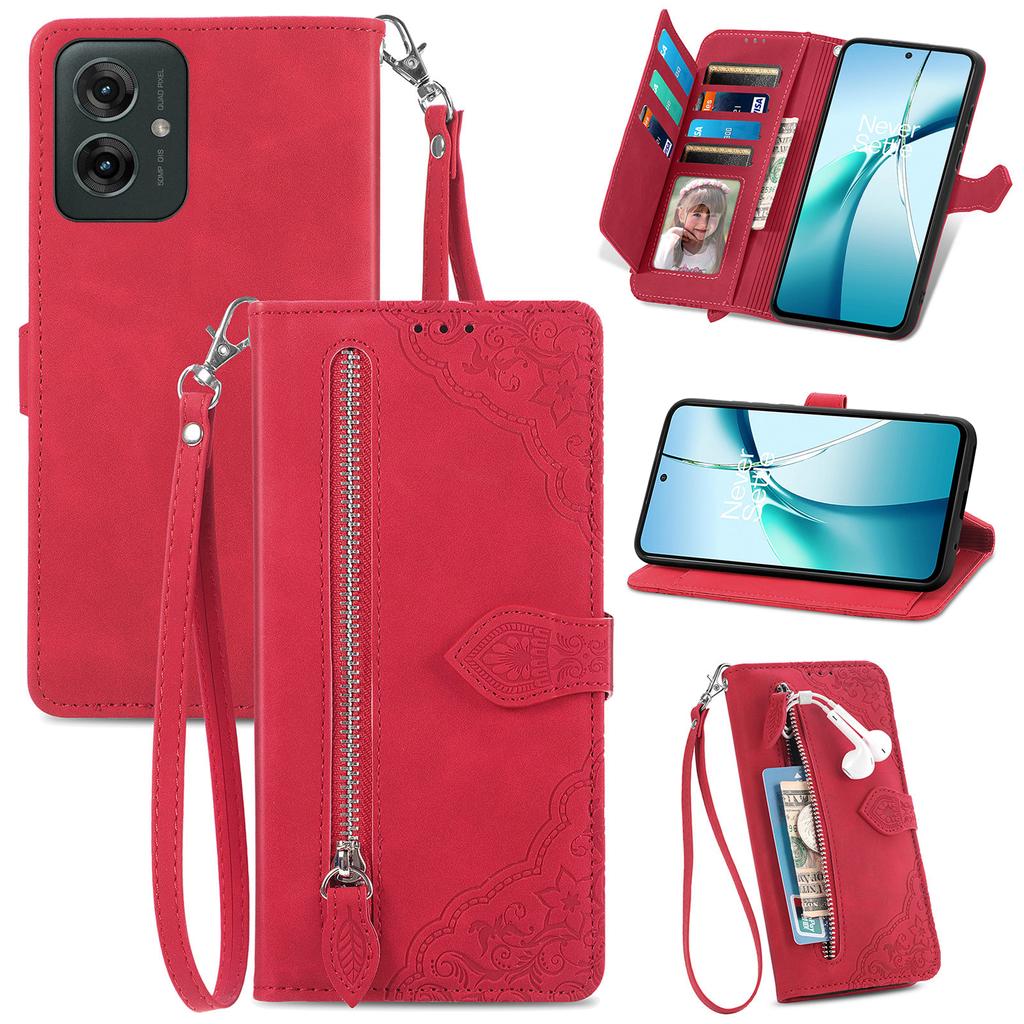 For Motorola Moto G55 5G Lommeboketui med glidelås og stropp Blomsterpreget PU-lær Telefondeksel