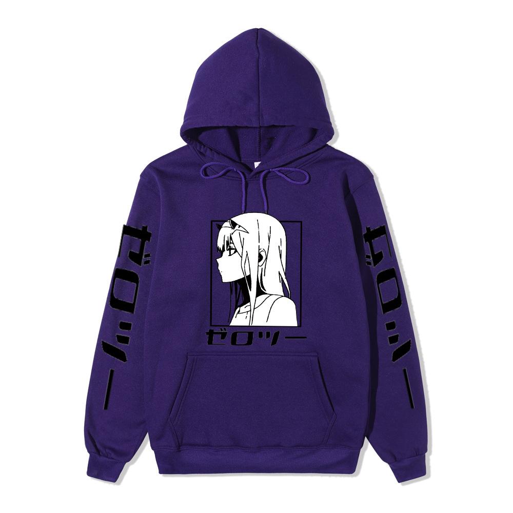Zero Two Side Profile Anime Hoodie Japanese Letter Print Black Casual Long Sleeve Hooded Sweatshirt Pullover