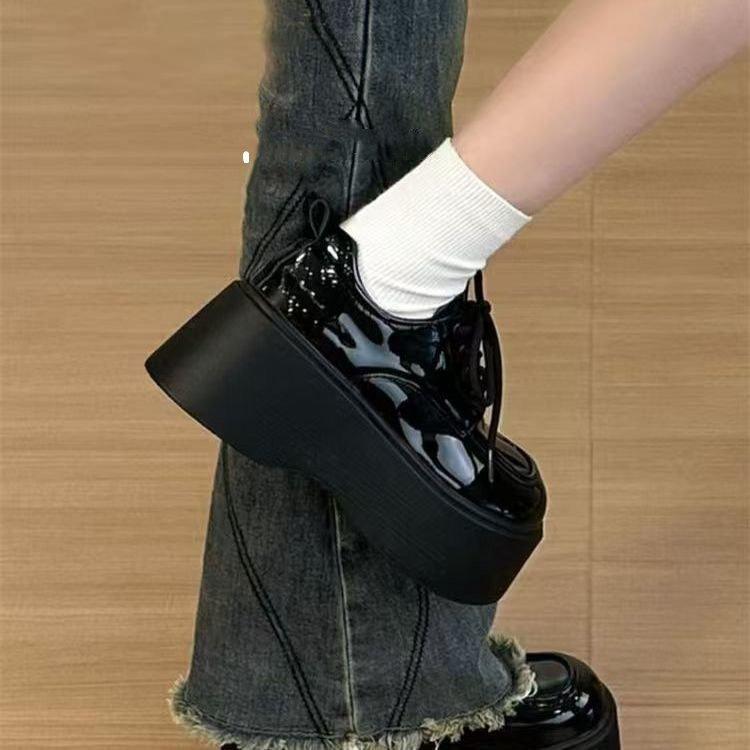 Niche dopamine thick-soled black small leather shoes, new retro British style heightening jk muffin 35