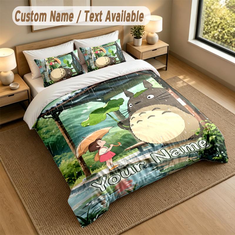 3Pcs Bedding Set Custom Name Text, 1 Sheet 2 Pillowcases Home Bed DecorMy Neighbor Totoro