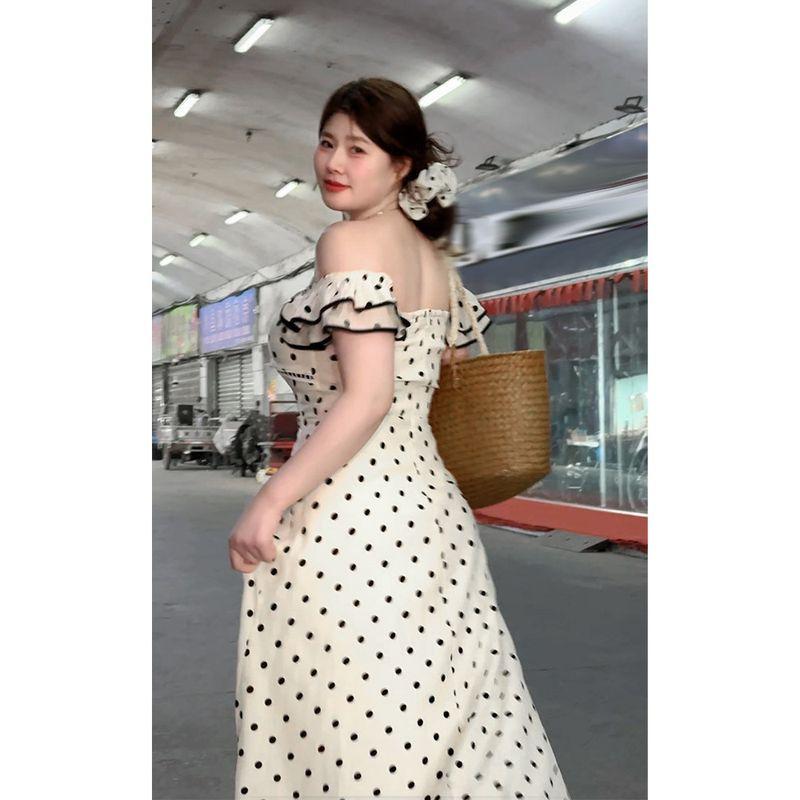 Dmcc Romantic Prelude French-Style Off-Shoulder Polka Dot Strap Dress for Slightly Plump Women, Slimming Plus-Size Summer Dress